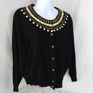 Vintage Beaded Cardigan Sweater Alfani Black Rayon Bead Pattern Sz Petite L